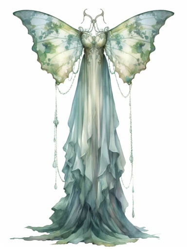 ethereal luna moth chiffon gown with elegant laces and rhinestones, watercolor illustration clipart, 4k, extremely detailed, magic, haute couture,