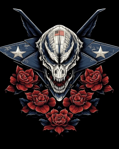 collage in the style of a movie poster, patriot f-22 raptor with skulls design looking, black background, clipart
