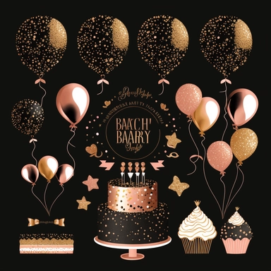 Party Clipart, Birthday Elements, Rose Gold Birthday Clipart , glitter, Birthday Cake PNG, Wedding Clipart, Balloon Clipart Set, Baby Shower black background