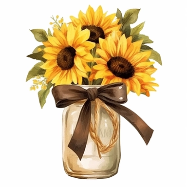on white background high detailed clipart featuring sunflowers tied with jute ribbon in a jar, coffee mug in watercolor style, hyper realistic illustration flat color