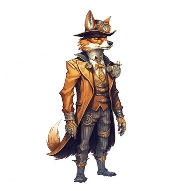 professional gouache hand-painted full body illustration of a steampunk wolf-man, Victorian clipart, isolated against white background, accurate, natural form, simple playful style, deep colour, softly lit by golden hour sunlight