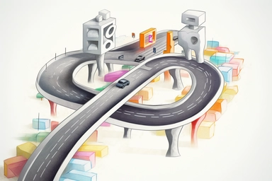 a close up of a infinite loop highway on a white background, james gilleard and james jean, escher, trending on artisation, connectedness, scutoid, mit technology review, by Sam Spratt, dan mcpharlin : : ornate, wormholes, tetris, monolithic, stylized stl, clipart icon, simple 4 colors from gray to metalic blue, vector-based, sharp border, plane color and very define