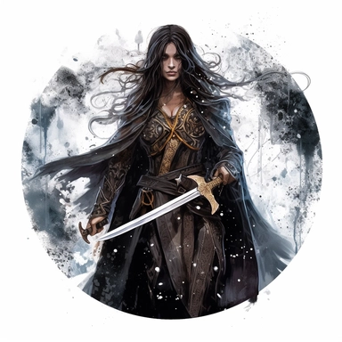 Mhytologic style beautiful impressive black long haired goddess woman wearing warrior dressed and black cloak holding her war sword and shield with watercolor effect,suitable for digital clipart,white background,many twinkles,celtic mhytology scene,warrior style,detailed features,hero style