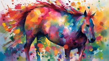 A vibrant watercolor of a single horse rendered as a digital clipart, drawing inspiration from the bold, expressive blooms found in Emil Nolde's garden paintings, featuring a vivid color palette that captures the flowers' natural radiance, illuminated by bright, contrasting light that emphasizes the rich, saturated hues and dynamic brushwork, and composed using an organic, free-flowing layout that conveys a sense of movement and growth.