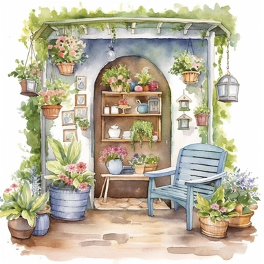 Clipart, watercolor, white background: A flower shop with a cozy seating area, inviting visitors to relax and enjoy the fragrant ambiance while surrounded by nature's beauty.