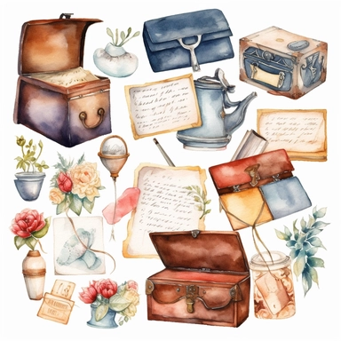 Envelopes, letters, paper mail Watercolor collection clipart, Cottagecore vintage clipart, highly detailed painting, watercolor illustration on a white background