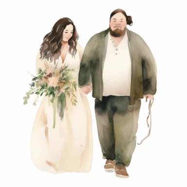 Watercolor wedding couple clipart, plus-sized chubby pale skin bride with dark long hair up-do in back, 50 years old slim room wearing olive trousers white shirt and suspenders, groom has long hair bald in the center , delicate, minimalistic, decorated with few beige peonies around, minimalism, white background, subtle, boho vibes, boho theme
