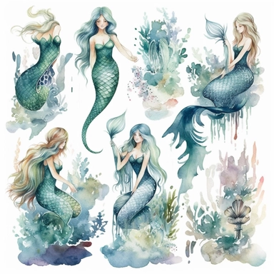 Transport yourself to a magical world beneath the waves with your stunning mermaid watercolor clipart set. Imagine the graceful movements of mermaids as they swim through the crystal-clear water, their long, flowing hair trailing behind them in the currents. Each mermaid should be illustrated in exquisite detail, with intricate watercolors that capture the iridescent scales of their tails and the delicate features of their faces. Your clipart set should include a variety of mermaids, each with t