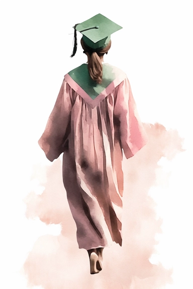 vector watercolor, full back view, drawing of dark skinned woman wearing a light green, dark pink and white cap and gown on graduation day clipart, front view, in style of Michiel van Huysum, subtle faded color variations, hyper-detailed hd clipart, on white background, spaced out