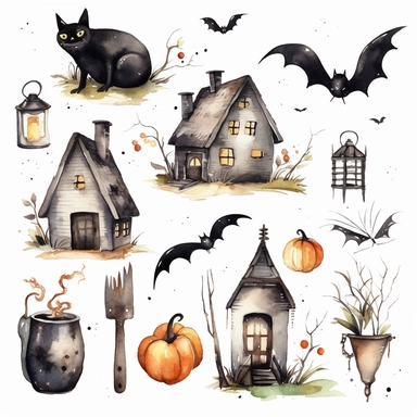 Create a set of spooky clipart designs that customers can use to create their own Halloween party invitations, banners, and decorations. Include popular Halloween motifs such as bats, spiders, and ghosts in watercolors