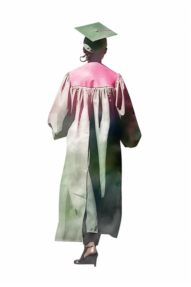 vector watercolor, full back view, drawing of dark skinned woman wearing a light green, dark pink and white cap and gown on graduation day clipart, front view, in style of Michiel van Huysum, subtle faded color variations, hyper-detailed hd clipart, on white background, spaced out