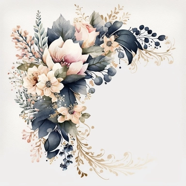 watercolor floral corner arrangement clipart, in the style of dreamlike illustration, hazy romanticism, album, vintage card design, on the side, navy blue and blush colors, white background, unclipped