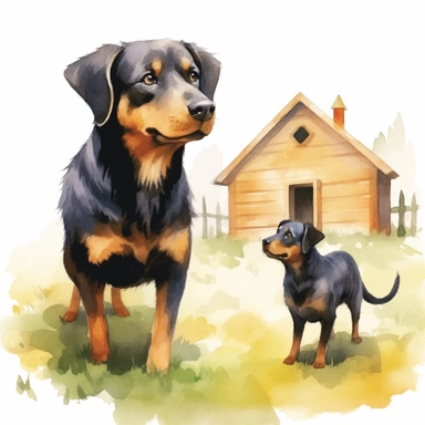 A medium sized overweight golden colored beagle lab dog, and a large black shepherd/lab breed dog, standing near a small wooden dog house, the dogs look at eachother. happy, warm, children's book illustration watercolor style, clipart, realistic, isolated on white background, 4K