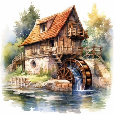 Realistic watercolor clipart painting of a medieval European house nestled in a picturesque countryside. The wooden water mill stands next to the house, with the water wheel turning gracefully as the river flows. The scene is bathed in warm sunlight, casting soft shadows on the house and the surrounding landscape. The atmosphere is idyllic and peaceful, inviting viewers to immerse themselves in the beauty of the rural setting. Watercolor technique with rich colors and fine details on a white bac