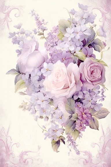 Vintage shabby damask clipart vignette with delicate floral patterns along the sides and corners of the image, small cute bright oil painting vignette with beautiful roses and blooming lilacs, light pastel tones in the center of the image,