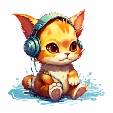 cute kitten listening to music in the style of skottie young, clipart
