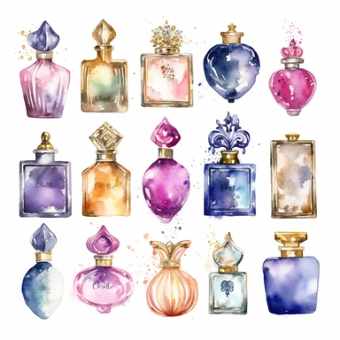 Eleven Watercolor Princes Perfumes Clipart by Nita Engle on solid white background