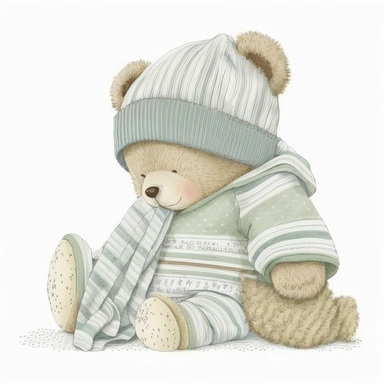 an ultra Cute little newborn baby teddy bear wearing pyjamas, dusky sage green shabby chic traditional classic striped pyjamas and a bedtime hat , watercolour, cute,, bedtime, sleepy, dreamy, isolated on white background, Clipart