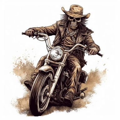 skull headed motorcyclist on a harley looking like a old western cowboy white background clipart c 100