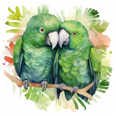 watercolor clipart, two green Eclectus Parrot Parrots in love with tropical gardens, sweet hearts around, watercolor sublimation design, Sublimation Clipart, hyper realistic, intricate detail, illustration style, isolated on white background for removing background, Super-Resolution, Megapixel