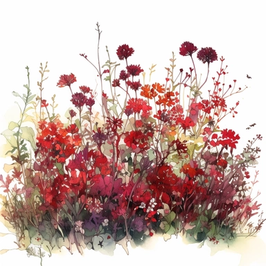 watercolor, hyper realistic, white background, white margins, 16k, ultra detailed clipart, cut out image, hand-drawn, whimsical manhwa style, ultra HD, sharp and clean art a flower bush with a mix of wildflowers. Use an array of shades of red, from bright crimson to deep burgundy, to recreate the untamed beauty of a meadow in full bloom