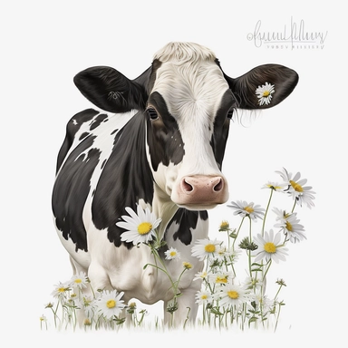 Dairy Cow Clipart with Daisy Flowers, white background