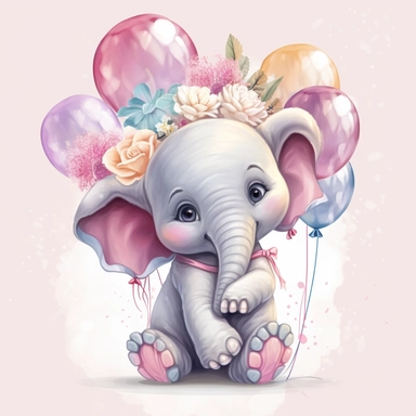 a detailed very colorful vector Clipart image sticker of a beautiful majestic magical floral smilling baby elephant and pastel pink balloons colors holding balloons with a white background, pastel light colors, fall colours, gold ropes, photorealistic, cinematic, Cinematic, Color Grading, Editorial Photography, Photography, Photoshoot, Shot on 70mm, Ultra-Wide Angle, Depth of Field, DOF, Tilt Blur, Shutter Speed 1/1000, F/22, Gamma, White Balance, Neon, Light, Dark, Light Mode, Dark Mode, High C