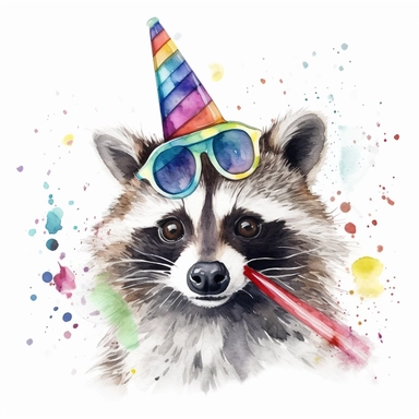 please create watercolor clipart of a raccoon smiling, wearing party GLASSES AND PARTY POPPERS, colorful, WHITE BACKGROUND
