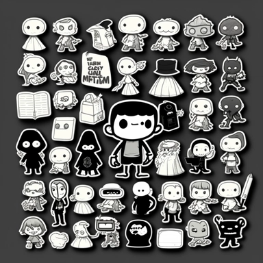 draw me 15 succint, seperated black and white stickers based on these keywords: stickers, black outline, stickers, robot monkey paladin 2d vector illustration sticker phone case stickers book journal stickers tiny stickers luggage stickers kpop stickers skateboard stickers mushroom stickers black cat stickers goth stickers anime stickers laptop anime decal stickers spooky stickers thank you stickers printable frog sticker frog stickers cute frog sticker cute frog toad sticker water bottle sticke