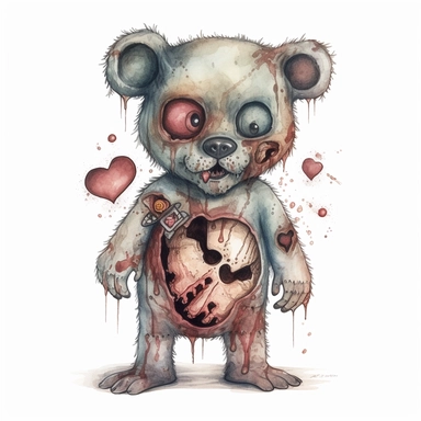 Hand drawn zombie stuffed bear, one arm missing but all is left is the bone, glowing eyes, heart stitched on chest cutesy goth, glamorous, Halloween, full body, very detailed and realistic, watercolor, white background with margins, clipart style