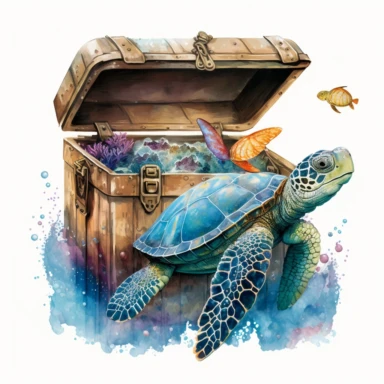 watercolor detailed colorful sea turtle in the ocean next to treasure chest clipart, white background, no text