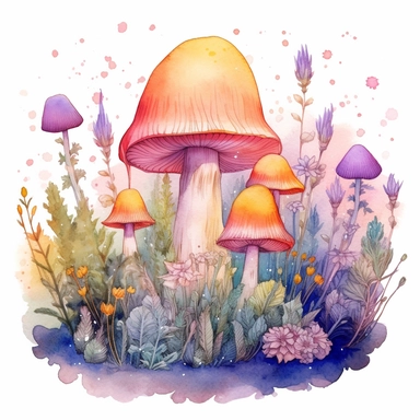Watercolour Magic Mystical Mushrooms clipart watercolor style , dreamy color, anime style, ghibli , trippy , planet , stars, epic, flowers, wes anderson, Phantasmal Iridescent