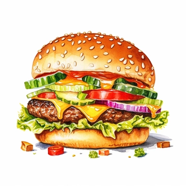 a watercolor, hyper-realistic clipart image with a white background and white margins, showcasing a classic cheeseburger with a juicy beef patty, melted cheese, lettuce, tomatoes, and pickles. The ultra-detailed, hand-drawn elements capture the textures and colors of the burger ingredients. Use bold shades of brown, green, and red to evoke the mouthwatering and indulgent nature of this fast food staple