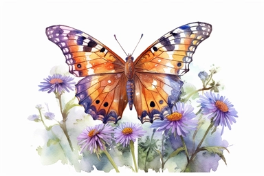 Watercolor, Generate an image of a Variegated Fritillary butterfly resting on a bed of colorful wildflowers, clipart, hd, on a white background, spaced out