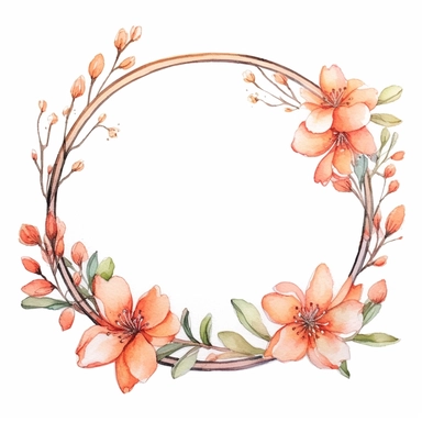 watercolor clipart of a empty suttle dainty floral oval frame surrounded by peach color flowers. Capture the essence of blooming beauty and intricate details in your artwork, white background