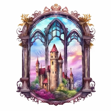 Fantasy Castle Window Watercolor Clipart, Window clipart, Fantasy clipart, hand draw Illustration clipart, 4K, extremely detailed