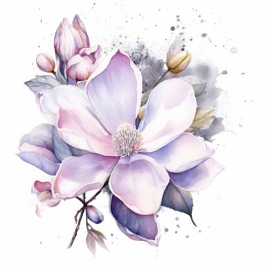 clipart magnolia, watercolor, white background, silver sequins