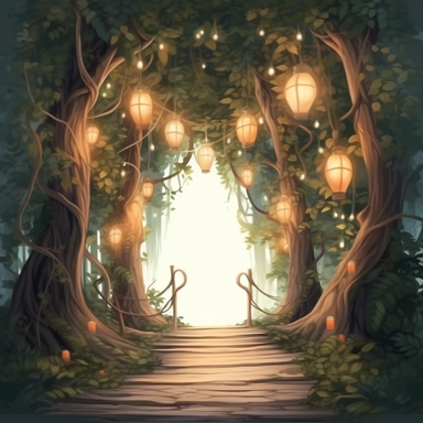 forest gate with hanging lights clipart