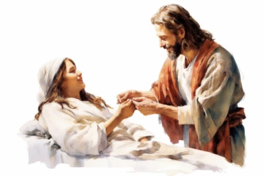 Jesus curing the sick, healing hands, smiling at a sick person who he is healing, Watercolor style, clipart, solid white background