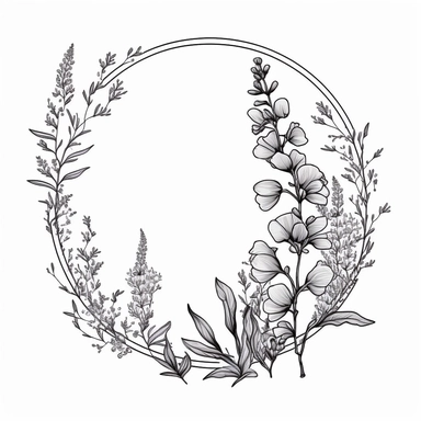 circle Botanical Frame, angelonia, clipart, white background, continuous line