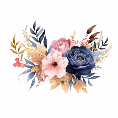 wedding floral clipart, floral rectangular border, watercolor, pink and golden and navy blue colors, isolated on white