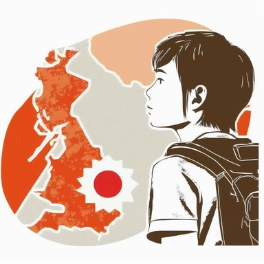 Asian college student thinking about Japan, transparent white background, flat clipart style