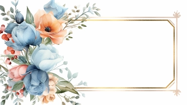 a simple gorgeous aesthetic vintage gold diamond-shape picture frame with minimal flowers border around outside the frame on soft blue background clipart, watercolor painting realistic, high quality, vibrant, Vicente Romero Redondo, Willem van Aelst