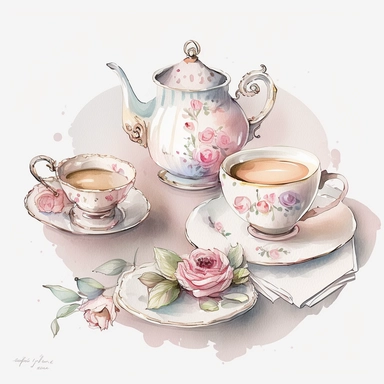 A table set with fine china and floral tea cups, ready for guests to pour themselves a cup, pink pastel colors, light watercolor, few details, dreamy, Studio Ghibli, clipart, white background