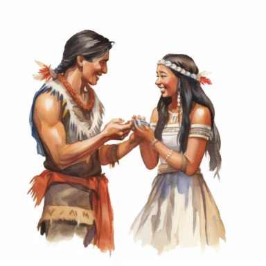 Fair-skinned bride and Indigenous groom, exchanging wedding rings, joyful and excited, watercolor, Pixar style, Clipart on a white background.