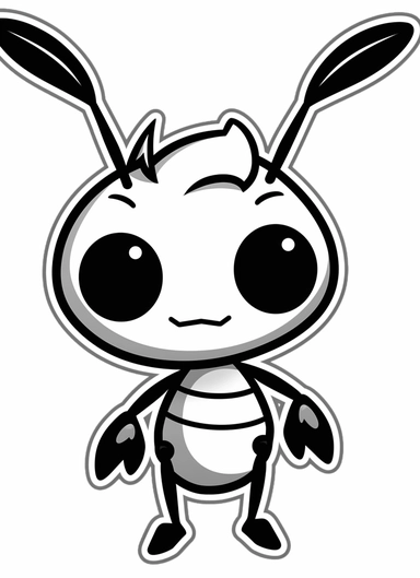 cute kawaii funny white ant stand slightly oblique to the side sticker, clipart, simple, single, Realism, coloring pages, white ant stand slightly oblique to the side, vector style, doodle, black and white, white background, thick lines, low detail, no shading,