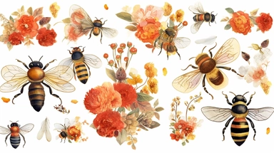 Watercolor honey bee clipart in isolated white background, beehives and flower arrangements, spring garden bee and honey drops, in the style of luxurious fabrics, golden and red hues, colorful, spring garden bee and honey drops, storybook-like, bloomcore, gold leaf accents, precis thin lines, pastoral charm, digital print, beatrix potter
