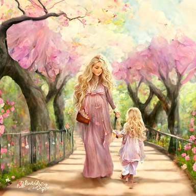 beautiful young pregnant mother with long beautiful blonde hair, toddler daughter with long beautiful hair holding hands walking in park, flowering trees, path lined with benches, highly detailed, realistic, fantasy, ethereal, soft colors, sharp focus, clipart style, fix dress