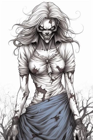 a college girl, fit-thick-build, wearing a high skirt and a cropped linen shirt, plunging neckline terrifying and evil Female Zombie, Full body, dripping liquid hand drawn, white background, pencil sketch, black and white, line art, coloring page for adults, printable outlined art, thin lines, intricate details, crisp lines, highly detailed, illustration, digital art, vectro, clip art, kawii, detailed grayscale, hand drawn art, charcoal sketch t shirt design, white background