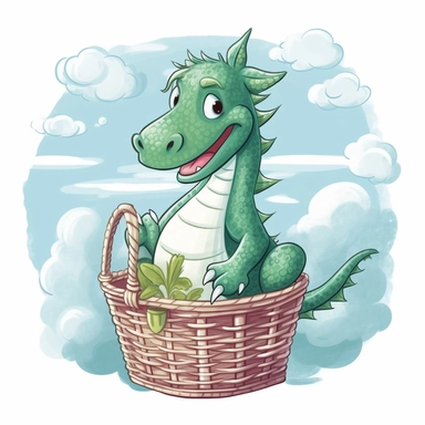 The friendly green dragon flying gracefully through fluffy white clouds, picnic basket in hand cute childish cartoony clipart